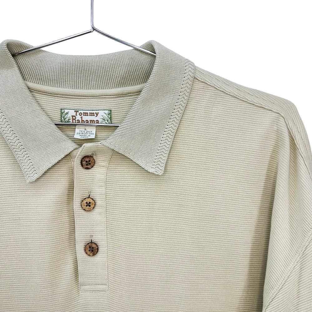 TOMMY BAHAMA Silk & Cotton Ribbed Polo • Large •‎ beige